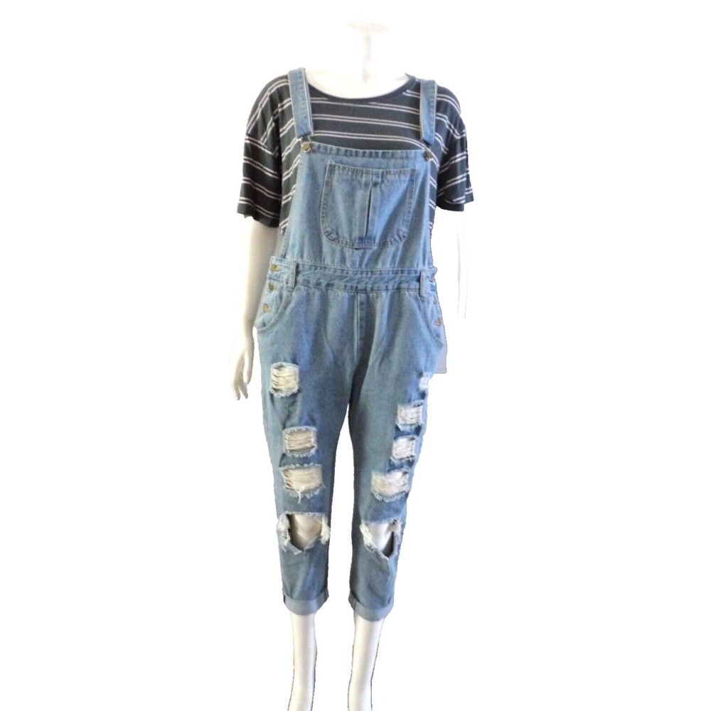 Retro Grunge Denim Bib Overalls Light Wash L Blue Jeans Women's Shredded Faded